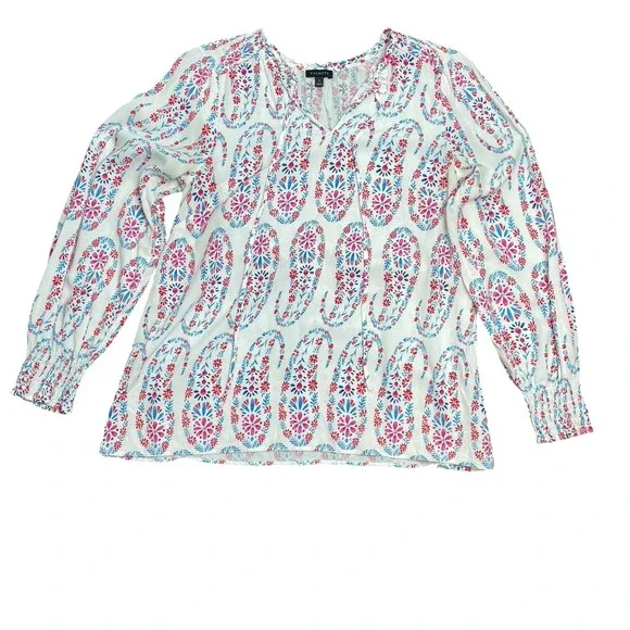 Talbots Women's Top Size S Peasant Floral Print White Long Sleeve V-Neck Blouse - Picture 4 of 6
